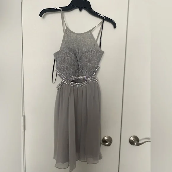 sachin and babi light blue dress Silver Gray Spaghetti Strap V Neck Lace Homecoming Dresses, A Line Min –  Demodresses main image 1